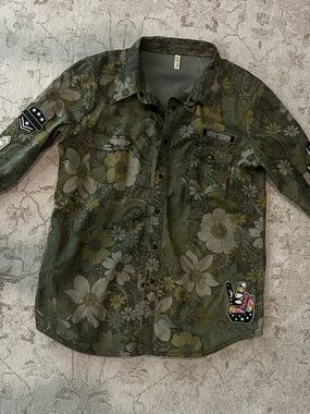 Spell Eden Floral Camouflage Button-Up Shirt - Olive Green XL htf
